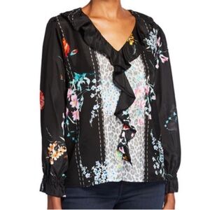 Johnny Was CALANDRA Silk Ruffle Floral Leopard Blouse Black Medium NWT
